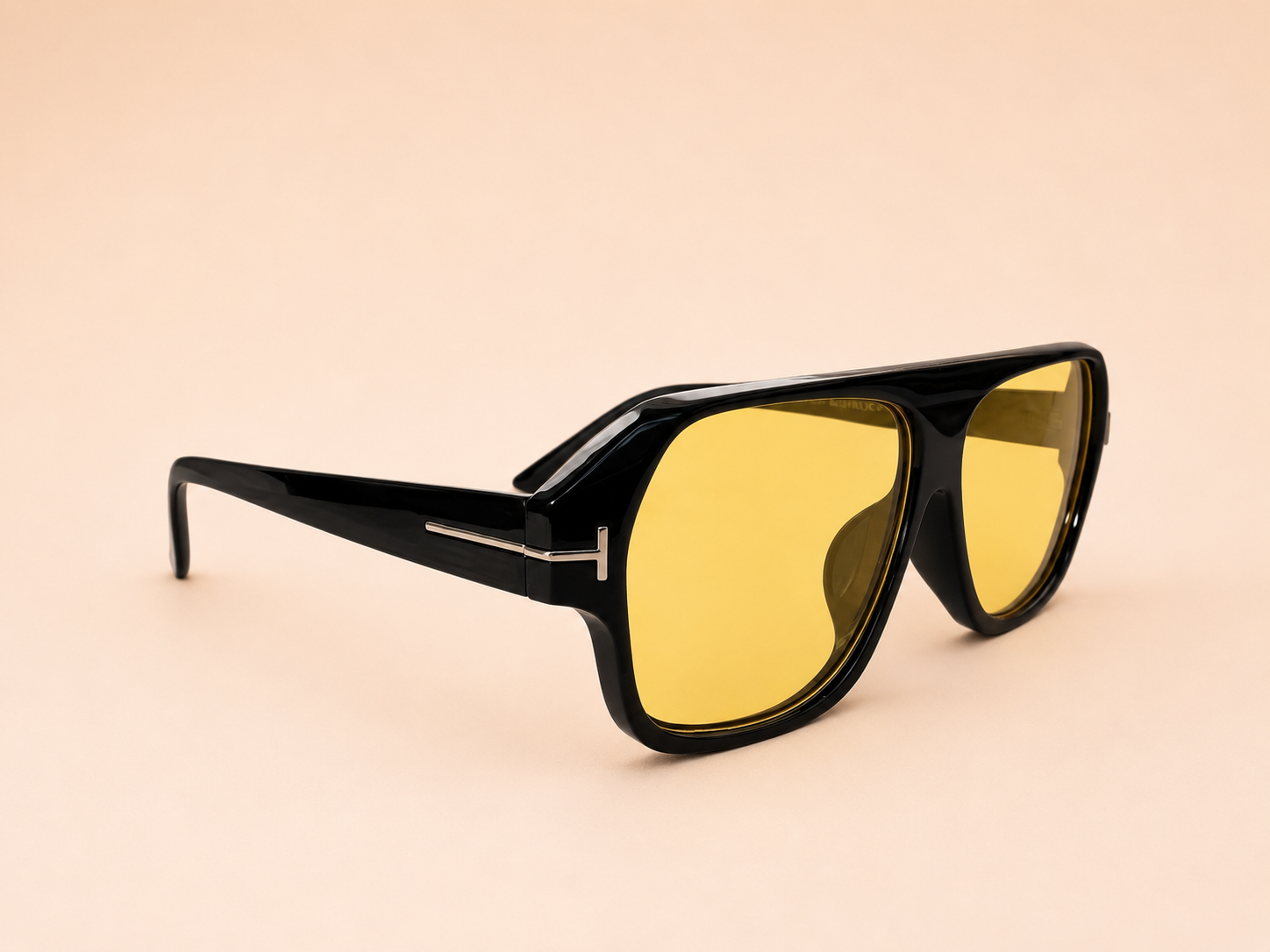 Bold square unisex sunglasses with glossy black frame and Amber Gold polarised lens
