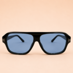 Bold square unisex sunglasses with glossy black frame and Ice Blue polarised lens