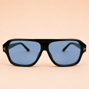 Bold square unisex sunglasses with glossy black frame and Ice Blue polarised lens