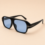 Bold square unisex sunglasses with glossy black frame and Ice Blue polarised lens