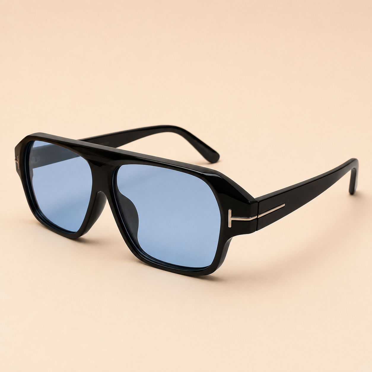 Bold square unisex sunglasses with glossy black frame and Ice Blue polarised lens
