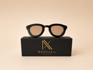 Black round unisex sunglasses from NeXova UK with glossy black frame and warm brown lenses displayed on branded box