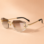 Rimless geometric sunglasses from NeXova UK with brown gradient lenses and gold-tone frame details