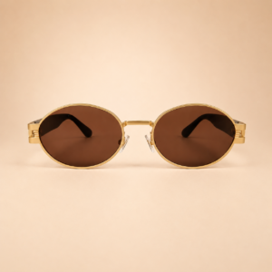Front view of gold oval sunglasses with warm brown lenses and black side arms