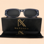 Rectangular unisex sunglasses from NeXova UK with deep blue frame and dark smoke lenses