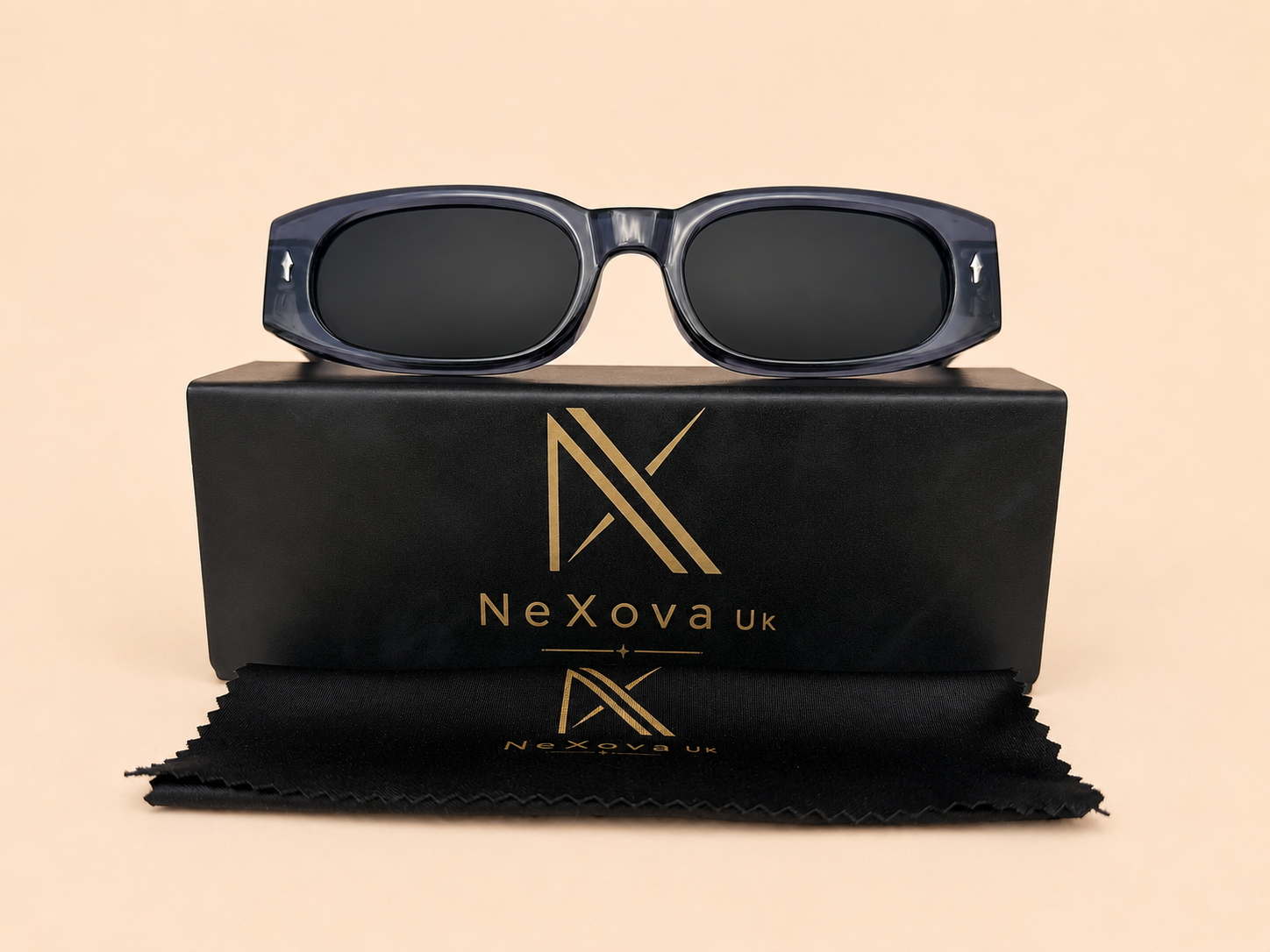 Rectangular unisex sunglasses from NeXova UK with deep blue frame and dark smoke lenses