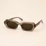 Angular rectangular unisex sunglasses with translucent taupe frame and brown lenses