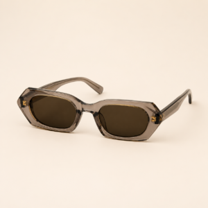 Angular rectangular unisex sunglasses with translucent taupe frame and brown lenses