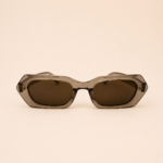 Angular rectangular unisex sunglasses with translucent taupe frame and brown lenses
