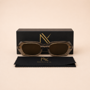 Angular rectangular unisex sunglasses with translucent taupe frame and brown lenses