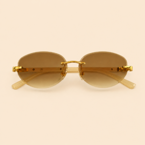 Rimless oval unisex sunglasses from NeXova UK with warm brown lenses, gold-tone bridge and cream temples