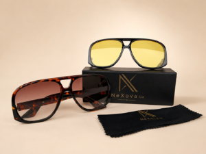 Oversized aviator unisex sunglasses from NeXova UK with tortoiseshell frame and brown gradient lenses